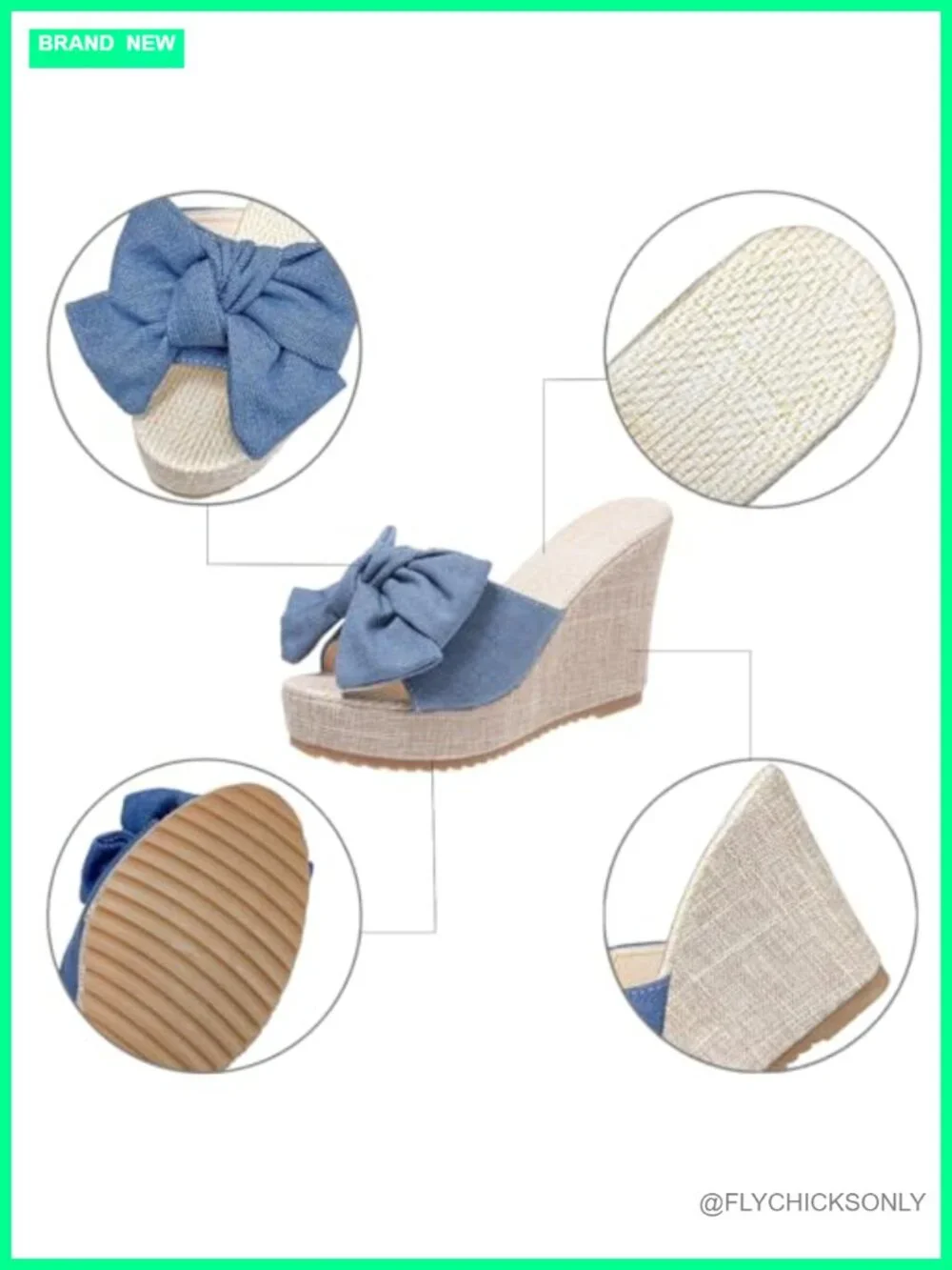 Denim Faux Leather Bow Wedge Sandals Platform Mules Open Toe Slip On Casual